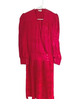 Red Vintage Silk Long‑Sleeve Midi-dress